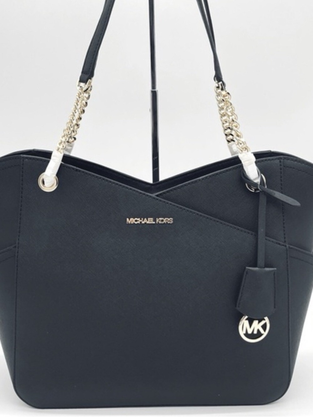 Michael Kors Black Tote with Gold Chain Straps and MK Charm